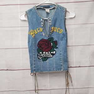 Parasuco Denim Tank Top Sz Small Lace Up Leather Straps Applique Rebel Romantic